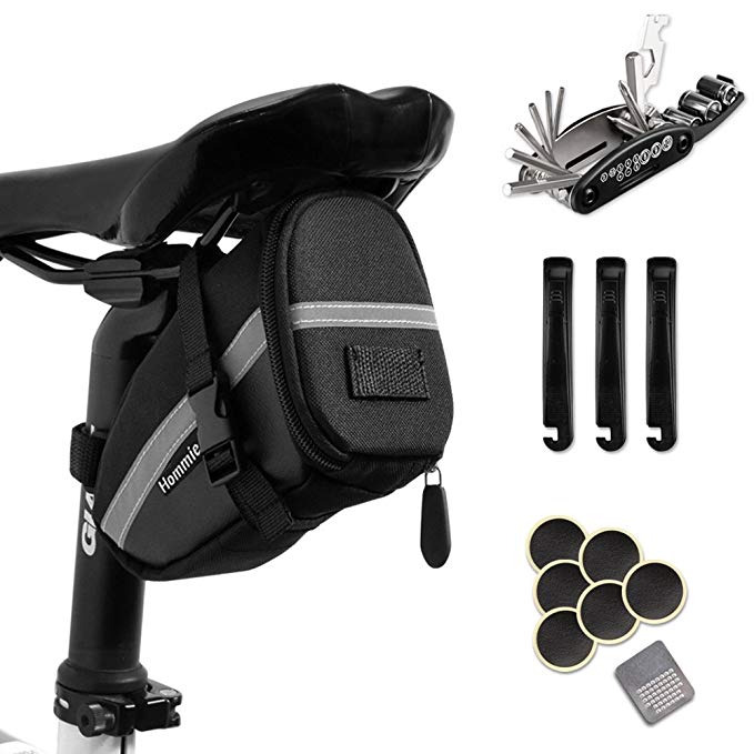 Hommie Bicycle Saddle Bag, Bike Bag with 16-in-1 Bike Repair Tool Kits, Mechanic Fix Portable Tools Set Bag with Reflective Strip, Multi-Functional Bike Tyre Repair Kits