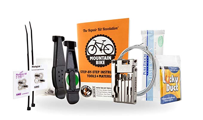Hero Kit Mountain Bike Repair Kit with Multitool, Tire Levers, Chain Links, Cables, Bolts, Instructions Perfect for Mountain Bikers of All Levels.