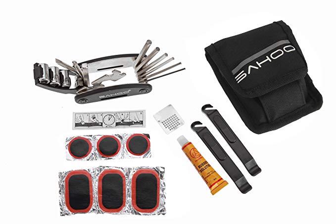 Ali Huang (TM) 14 in 1 Multi-functional Bicycle Bike Cycling Tyre Repair Tools Cycle Maintenance Kits Set with Tire Levers,Cold Patches,Glue,Mini Pump & Pouch Bag--with Multifunctional Cycle Head Wear As a Gift-The scarf is varied, not all the same as the picture